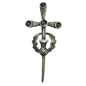 Vintage Scottish Thistle Sword Kilt Pin Brooch Silver Tone Jewelry Cross Celtic